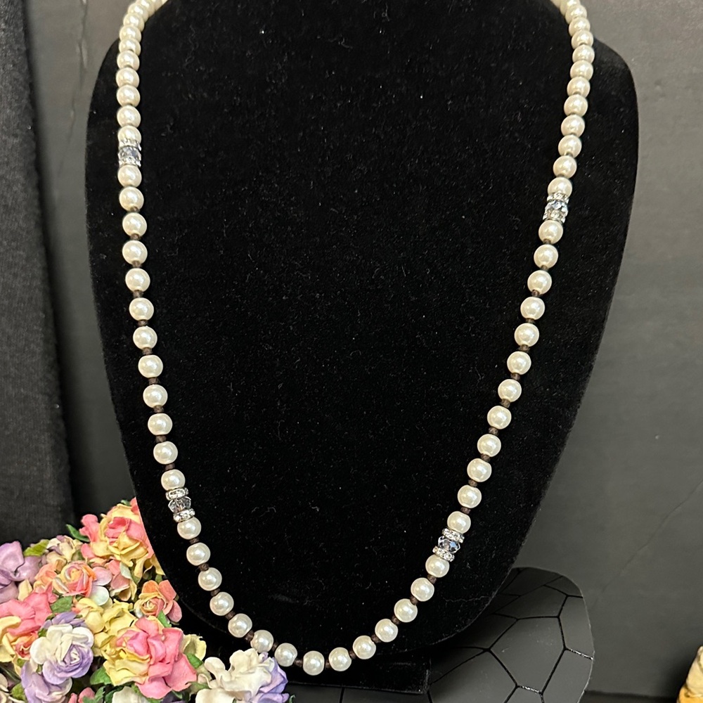 Pearls - Elegant Faux knotted Pearl 30”Neck.  Silver spacers & rhinestone #243